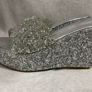 Sparkly Rhinestone Platform Slide Sandals Size 38 Silver Glitter